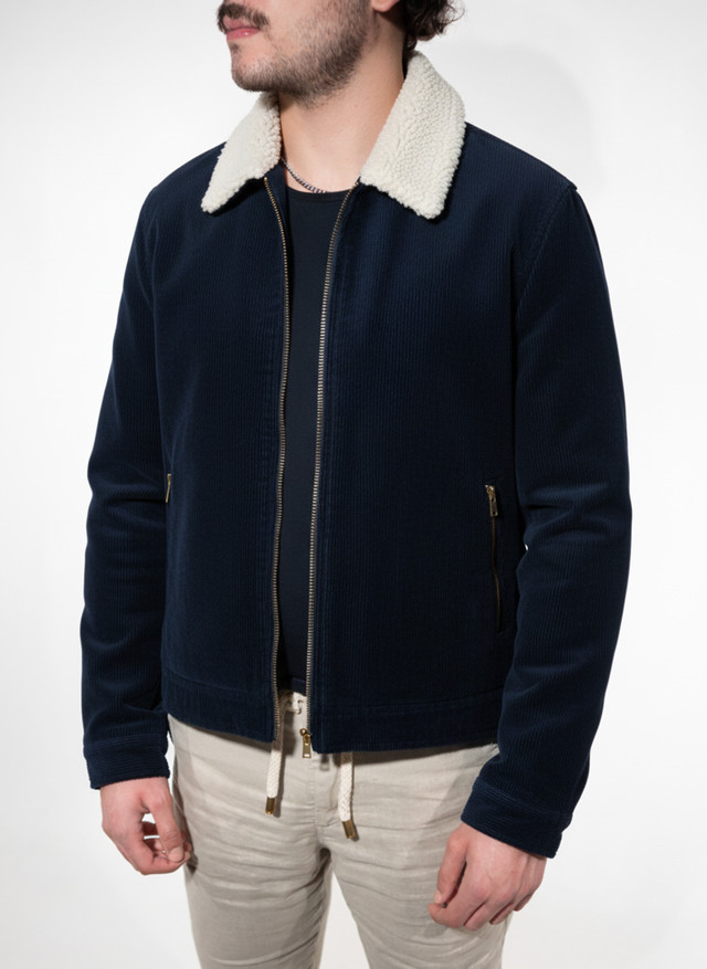VKTRBLAK midnight navy corduroy trucker jacket with shearling collar VKTRBLAK midnight navy corduroy trucker jacket with shearling collar