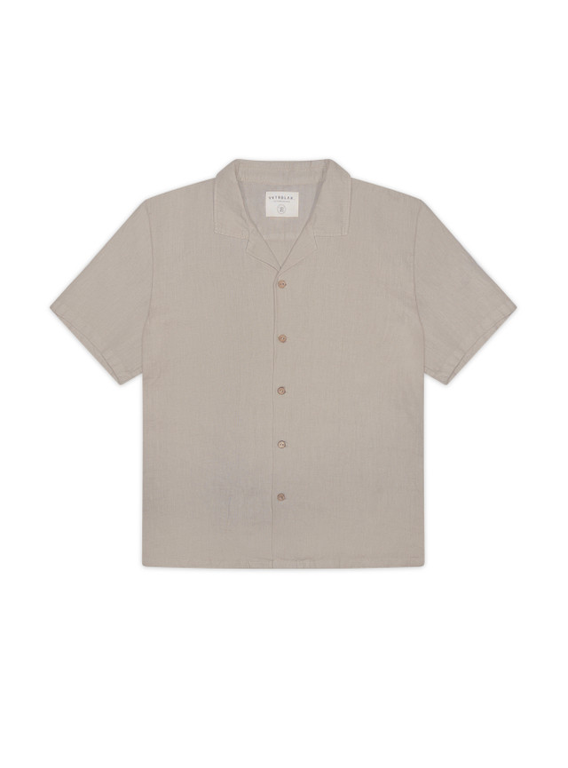 vktrblak diego linen camp collared shirt in taupe