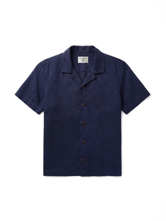 vktrblak Diego linen camp collared shirt in midnight navy