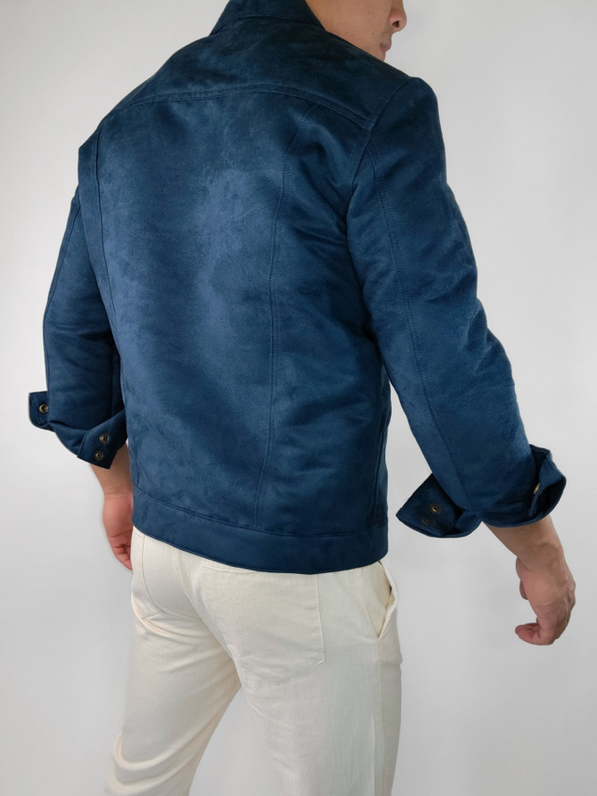 The Indigo Eco Suede Trucker Jacket by VKTRBLAK Los Angeles