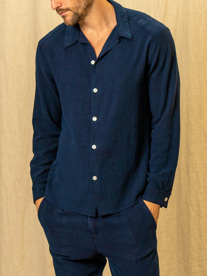 Textured linen Button up in midnight blue vktrblak