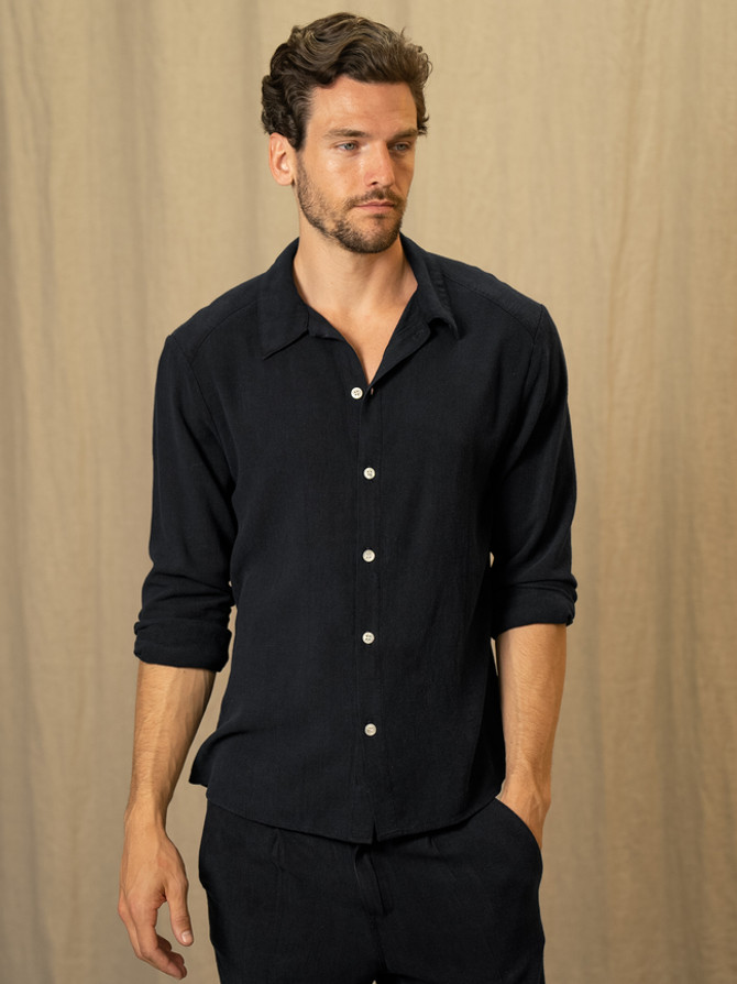 Textured linen long sleeve shirt in black VKTRBLAK. USA made