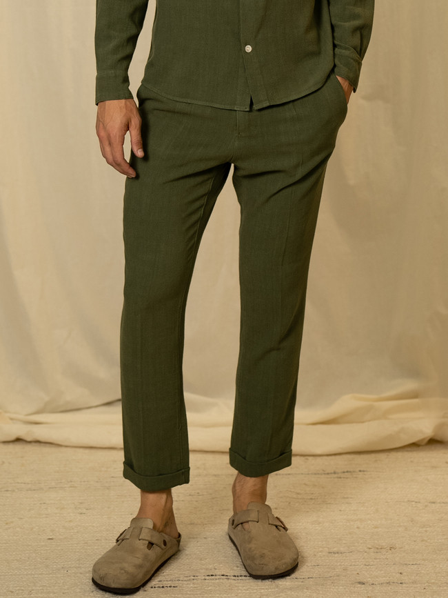 Textured Linen Slacks Olive