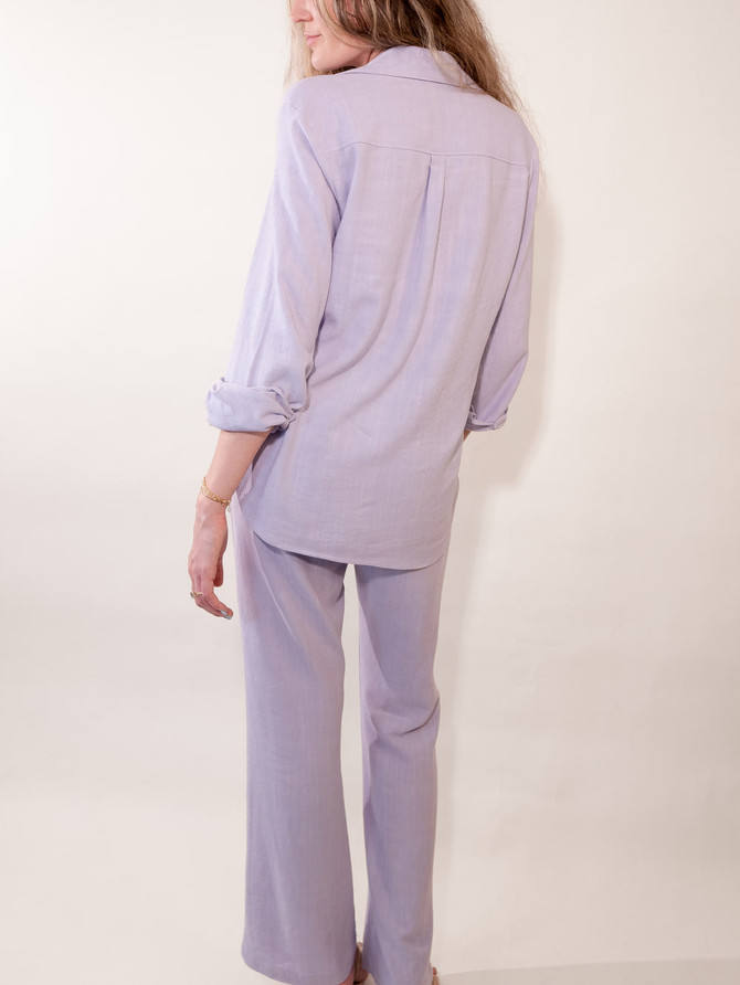 Arkhe the label drape linen button down lavender made in Los Angeles