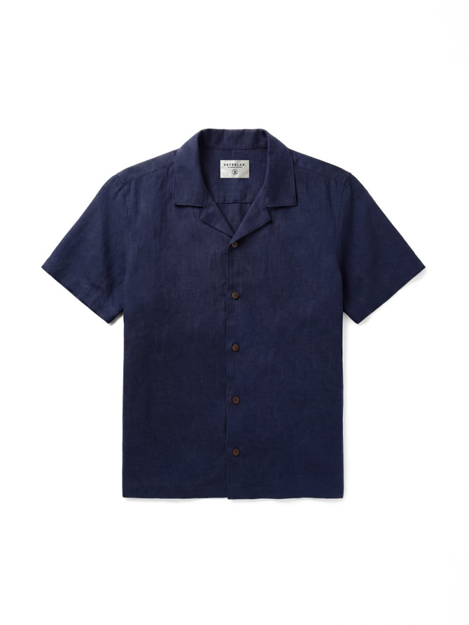 vktrblak Diego linen camp collared shirt in midnight navy