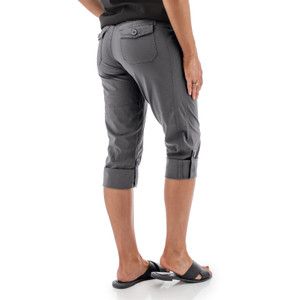 Back view of the roll-tab cuff on the Bristow Organic Capri, showing the button and fabric strap used to adjust the inseam from 24 inches to 18 inches.