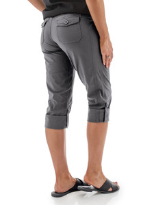 Back view of the roll-tab cuff on the Bristow Organic Capri, showing the button and fabric strap used to adjust the inseam from 24 inches to 18 inches.