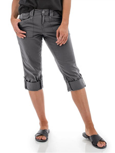 Front view of the Bristow Organic Roll Tab Capri in Asphalt gray, showing the mid-rise waist, button fly, and straight-leg fit at a cropped length.