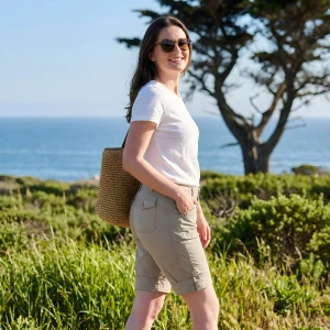 Woman over looking ocean wearing Arden V2 short in quarry.