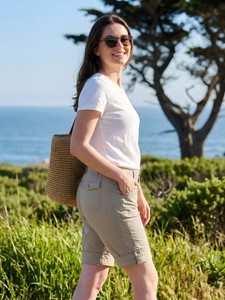 Woman over looking ocean wearing Arden V2 short in quarry.