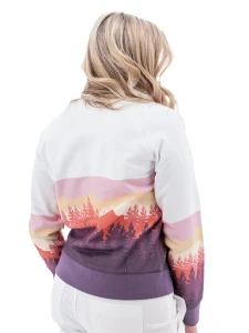 Back view of white Aventura Clothing Alpine Glow Sweatshirt featuring pink, orange, and purple mountain graphic.