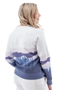 Back view of white Aventura Clothing Alpine Glow Sweatshirt, showing continuous blue and purple mountain print.