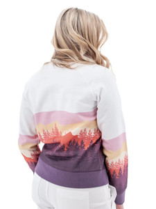 Back view of white Aventura Clothing Alpine Glow Sweatshirt featuring pink, orange, and purple mountain graphic.