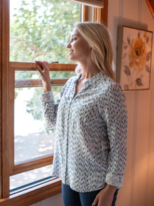 Woman wearing the Lilah Floral Print Shirt