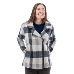 Aventura Clothing Woods Moto Fleece Jacket in Navy Plaid - Side Profile View showing feminine silhouette and tailored waist