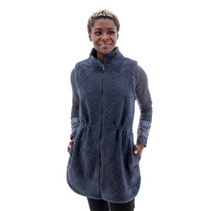 Front view of the Solstice Sherpa Fleece Long Vest in Chestnut brown, featuring a 33-inch thigh-length silhouette and a distinct diamond-debossed sherpa fleece texture.