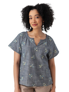 Mariposa Floral Split Neck Blouse Gibraltar Sea Blue