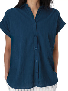 Beachcomber Button Front Solid Short Sleeve Gibraltar Sea Blue front detail