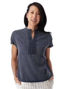 Margot Mandarin Collar Top Indigo Blue