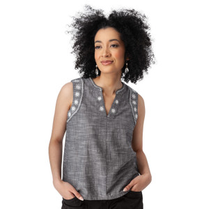 Festival Embroidered Split Neck Tank Black