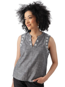 Festival Embroidered Split Neck Tank Black alt 1