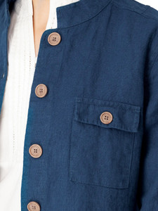 Leni Linen Mandarin Collar Jacket Gibraltar Sea Blue chest pocket detail