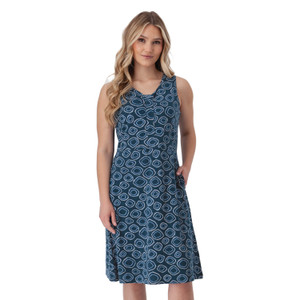 Front view of Aventura Clothing Cali Fit & Flare Printed Dress in blue geometric print, showing side pocket detail.