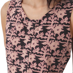 Close-up of Aventura Clothing Cali Fit & Flare Printed Dress bodice showing v-neck and black and pink floral print.
