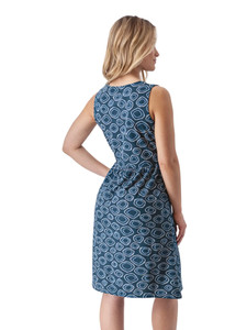 Back view of Aventura Clothing Cali Fit & Flare Printed Dress highlighting waistline and blue geometric circle print.