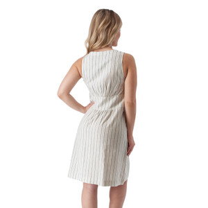 Back view of white Aventura Clothing Breezey Fit & Flare Striped Dress showing blue stripes and waistline.