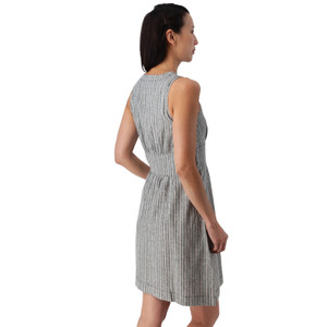 Back view of woman wearing grey Aventura Clothing Breezey Fit & Flare Striped Dress with white and mint stripes.