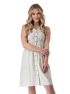 Front view of woman wearing white Aventura Clothing Breezey Fit & Flare Striped Dress with blue and beige stripes.