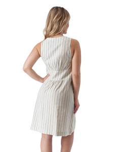 Back view of white Aventura Clothing Breezey Fit & Flare Striped Dress showing blue stripes and waistline.