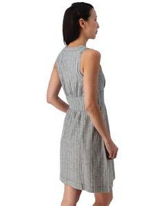 Back view of woman wearing grey Aventura Clothing Breezey Fit & Flare Striped Dress with white and mint stripes.