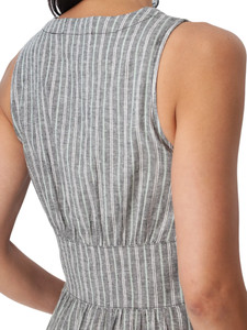 Back shoulder detail of grey Aventura Clothing Breezey Fit & Flare Striped Dress showing white and mint stripes.