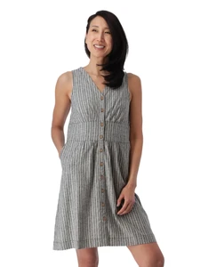 Woman modeling grey Aventura Clothing Breezey Fit & Flare Striped Dress with white and mint stripes, showing pocket.