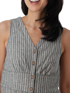 Close-up bodice of grey Aventura Clothing Breezey Fit & Flare Striped Dress with button front and mint stripes.