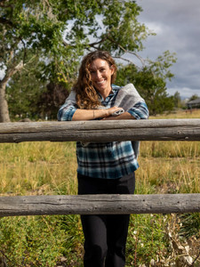 Woman wearing Fireside 3/4 Sleeve Flannel studio