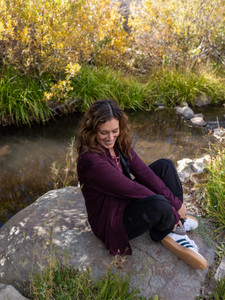 Woman wearing Ellison Pull-On Ponte Trouser Studio