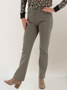 Woman wearing Ponte 5-Pocket Jean Style Stretch Pant studio in smokey olive green.