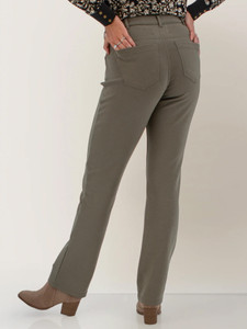 Back view of the Ponte 5-Pocket Jean Style Stretch Pant studio in smokey olive green.