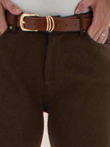 Front zipper and waistband detail of the Ponte 5-Pocket Jean Style Stretch Pant studio in demitasse brown.