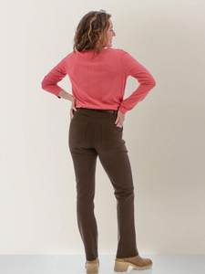 Back view of the Salem Micro Henley Scoop Neck Top in faded rose red.