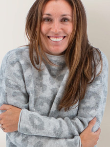 Front detail of the  Sasha Animal Jacquard Mock Neck Sweater in heather grey print.