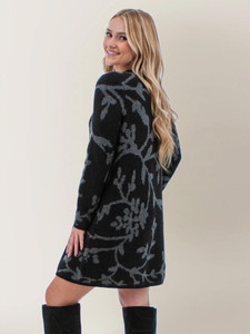 Alternate view of the Holly-Daze Jacquard Sweater Dress in black print.