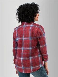 Back view of the Brackenridge Organic Cotton Shirt in wild ginger red plaid.