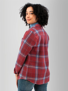 Left back view of the Brackenridge Organic Cotton Shirt in wild ginger red plaid.