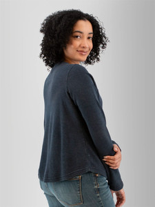 Right rear shoulder view of the Ivycroft Waffle Knit Henley Top in sky captain dark blue.