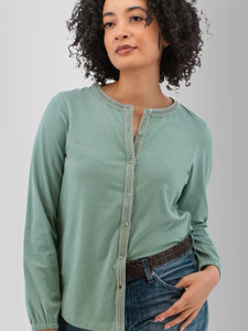 Detail view of the front buttons on the Celestra Organic Cotton Button Front Blouse in silver pine green.