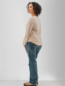 Left side view of the Celestra Organic Cotton Button Front Blouse in light grey.